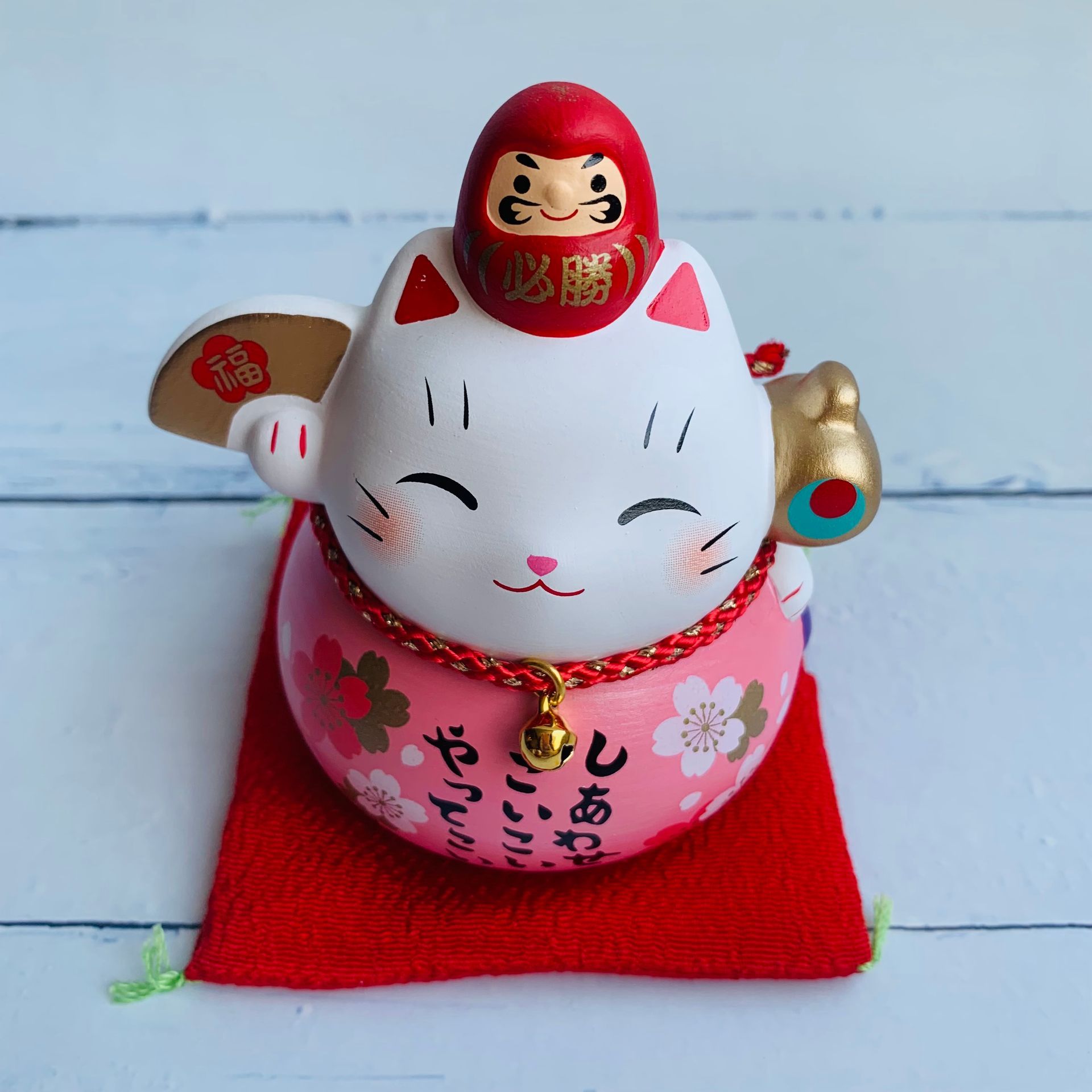彩耀必勝達摩與招財貓(幸福/福氣/粉櫻花/扇/福槌-小-日本吉祥物）