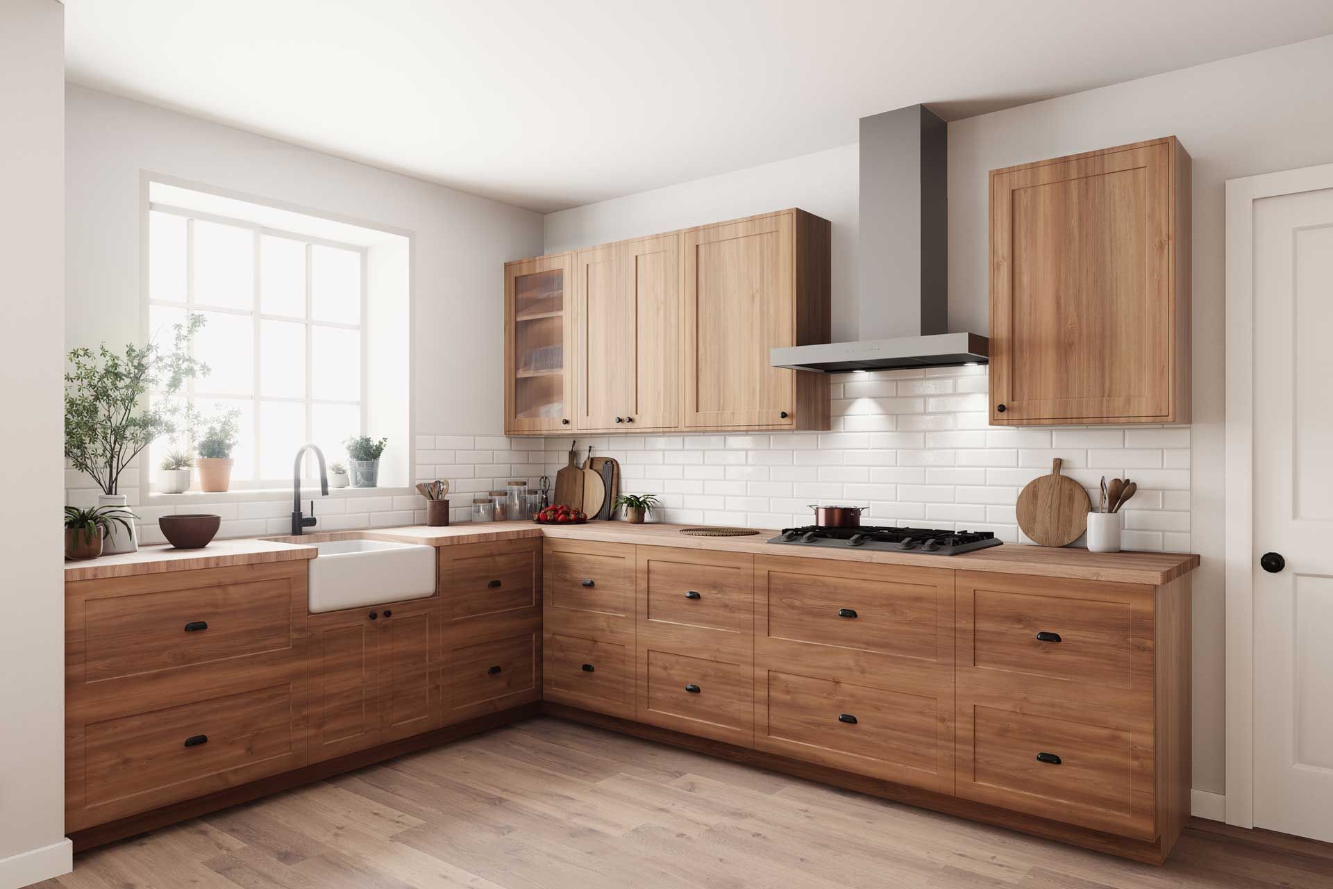Modern kitchen with light wood cabinets and counters, white backsplash, stainless steel hood, and large window.