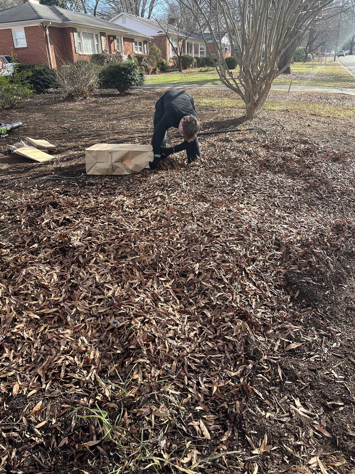 A man is kneeling down in a pile of mulch in a yard.