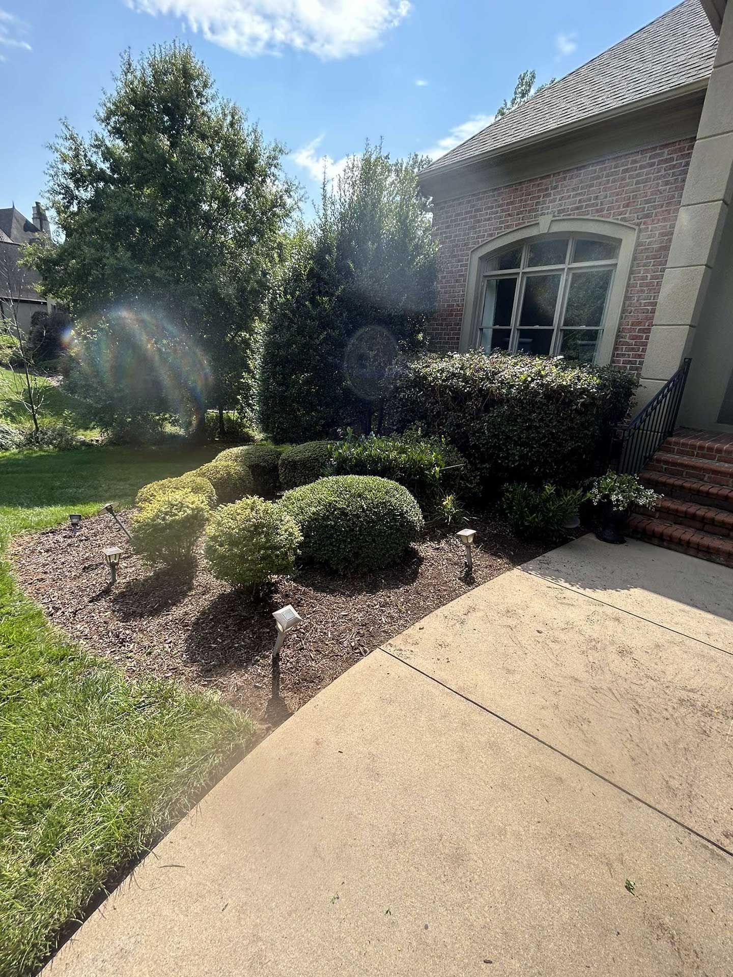 A brick house with a lot of bushes and trees in front of it.