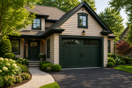 Suburban house with green garage doors, stone facade, and landscaped front yard
