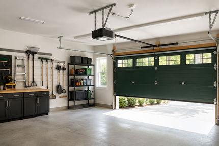 Bright garage interior with storage cabinets, tools, and an open green garage door.