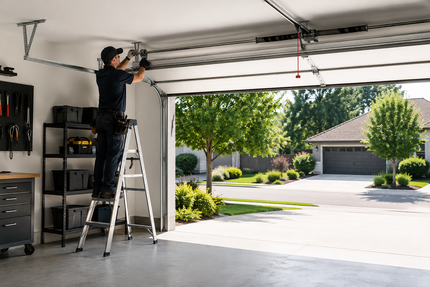 Technician on ladder repairing a garage door opener in an open garage, with a bright suburban street outside.