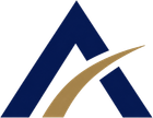 Blue stylized letter A with a gold swoosh arc across the lower center