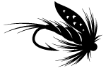 Black silhouette of a fly fishing lure with hook, feather, and thread details.