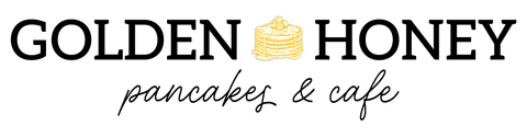 Golden Honey pancakes & cafe logo with black text and a gold honeycomb icon on a white background