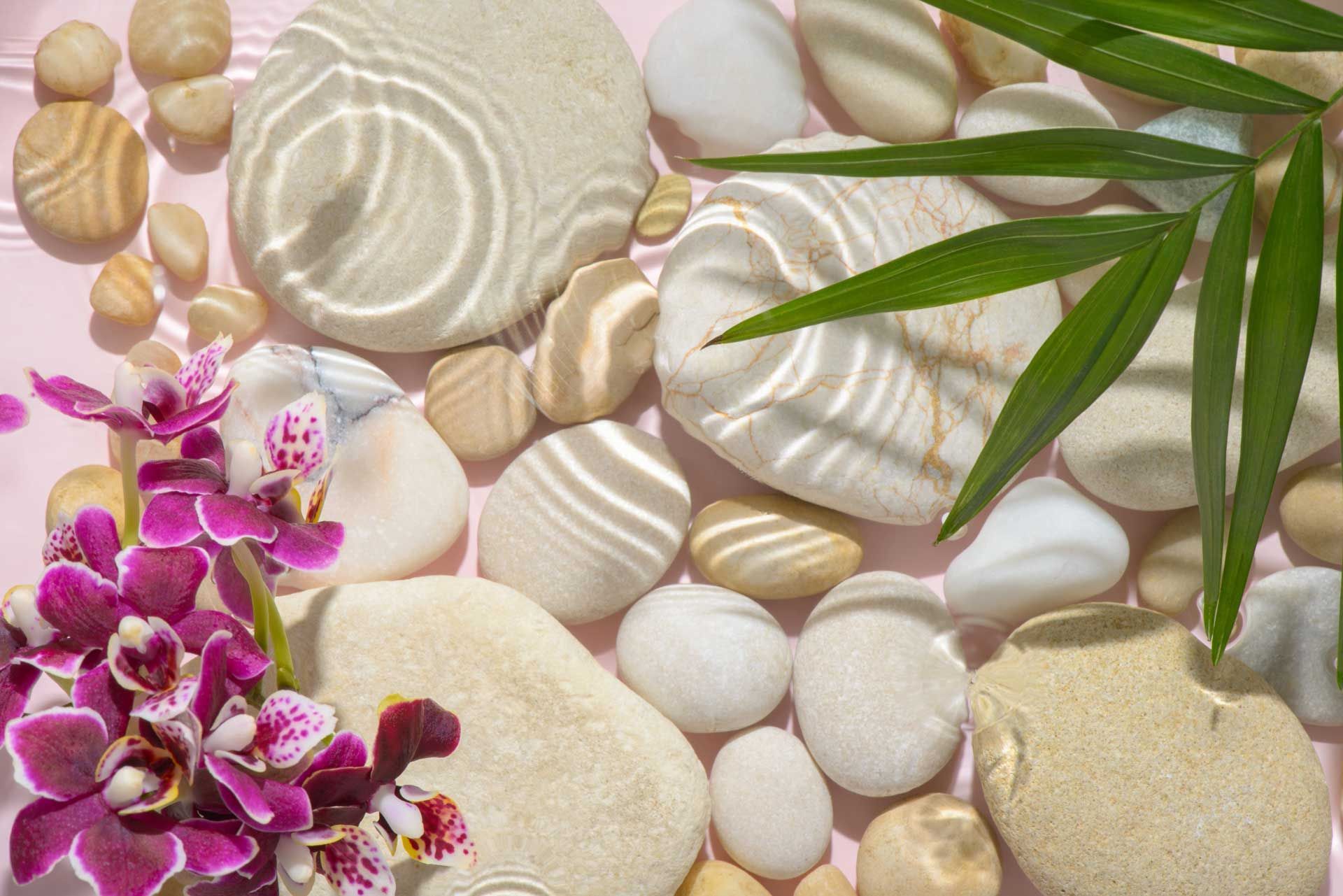 A pile of rocks and flowers on a pink surface.