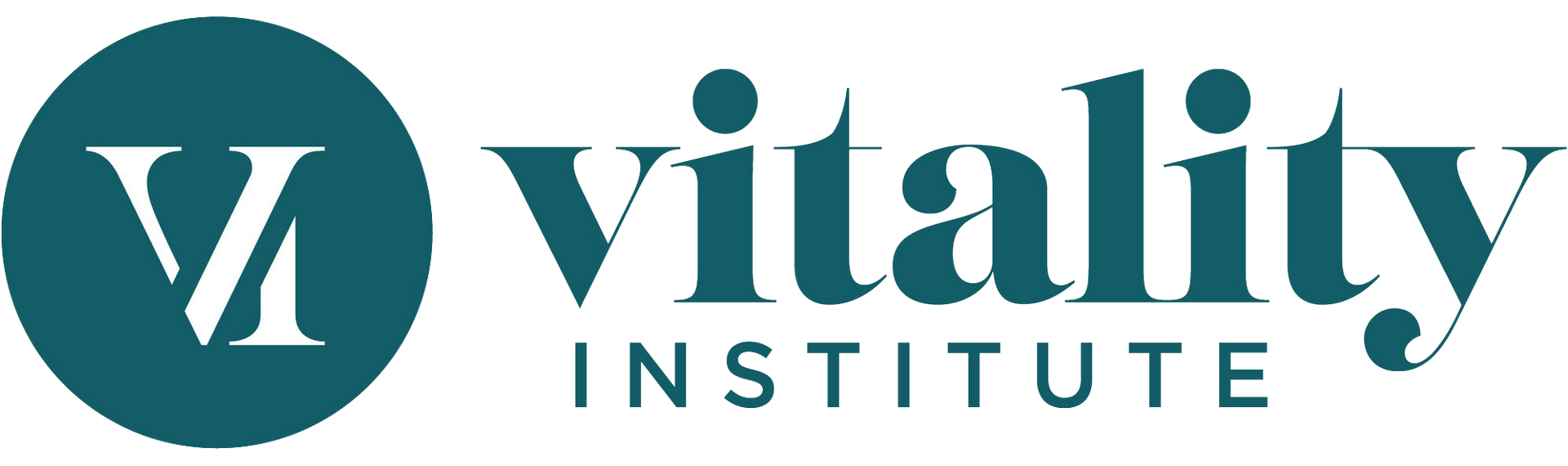The vitality institute logo is a blue circle with the word vitality inside of it.