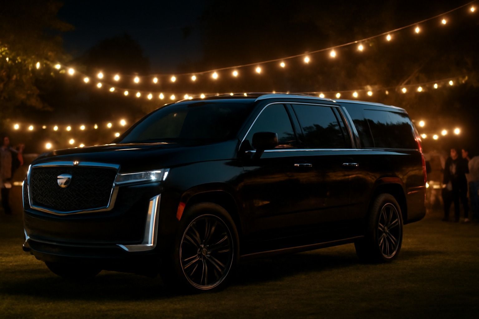 Black luxury SUV parked outdoors under warm string lights at night