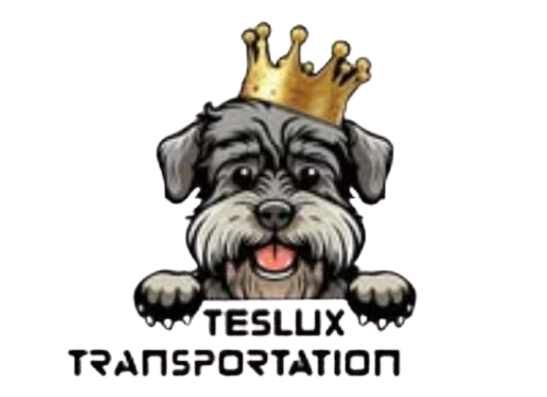 Logo of a gray dog wearing a gold crown above the text “TESLUX TRANSPORTATION”