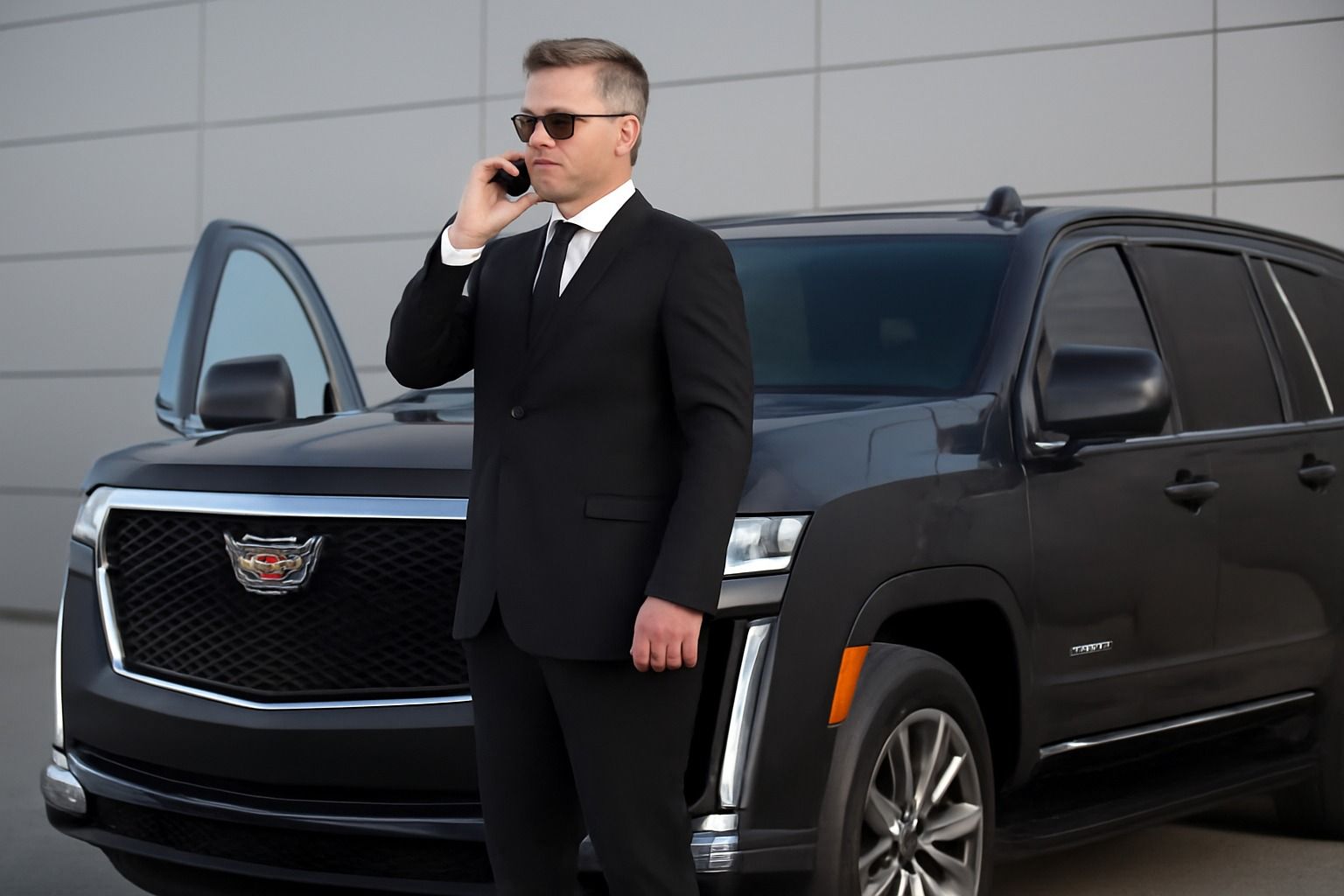 Man in a black suit talking on a phone beside a black Cadillac SUV with the driver’s door open