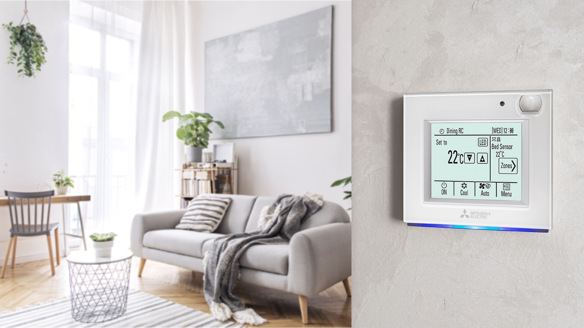 Ducted air conditioning controller on the wall in a sunlit modern living room