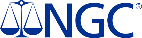 A blue and white logo for ngc with scales of justice