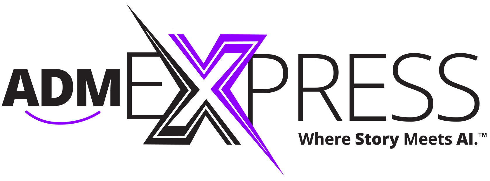 ADM Express logo with stylized purple and black “X” and tagline “Where Story Meets AI.”