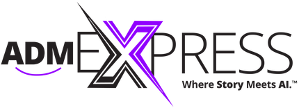 ADM Express logo with stylized purple and black “X” and tagline “Where Story Meets AI.”