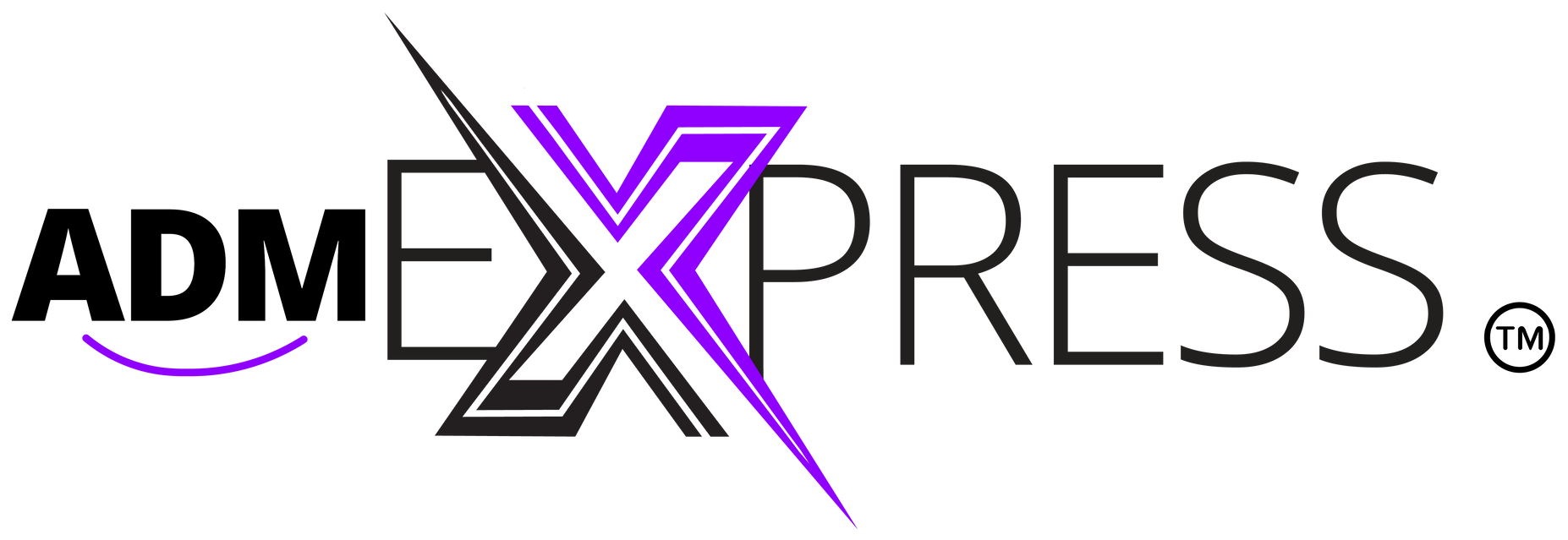 ADM Express logo with black and purple text and stylized X