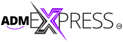 ADM Express logo with black and purple text and stylized X