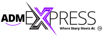 ADM Express logo with stylized purple and black “X” and tagline “Where Story Meets AI.”