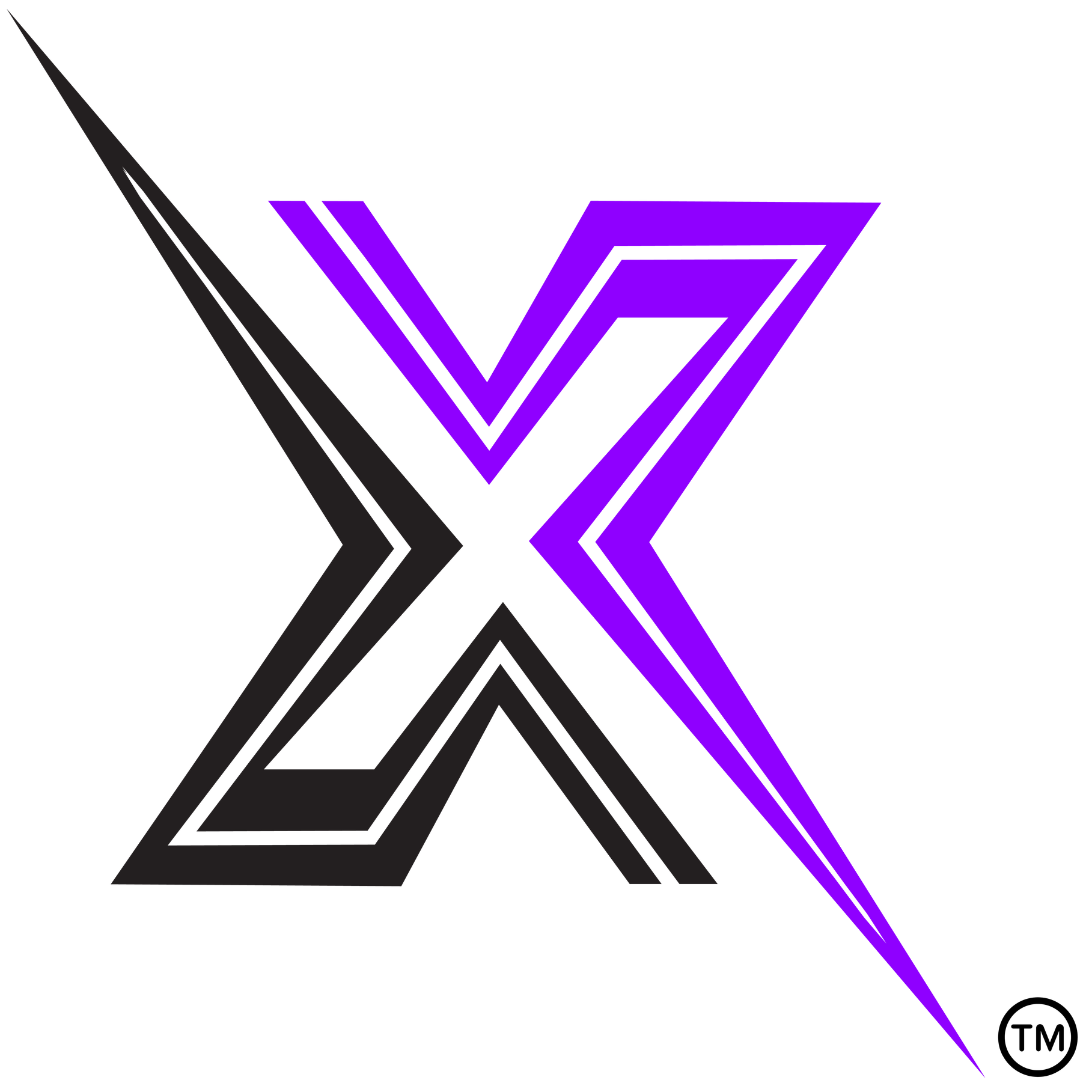Abstract black and purple stylized X logo on a white background