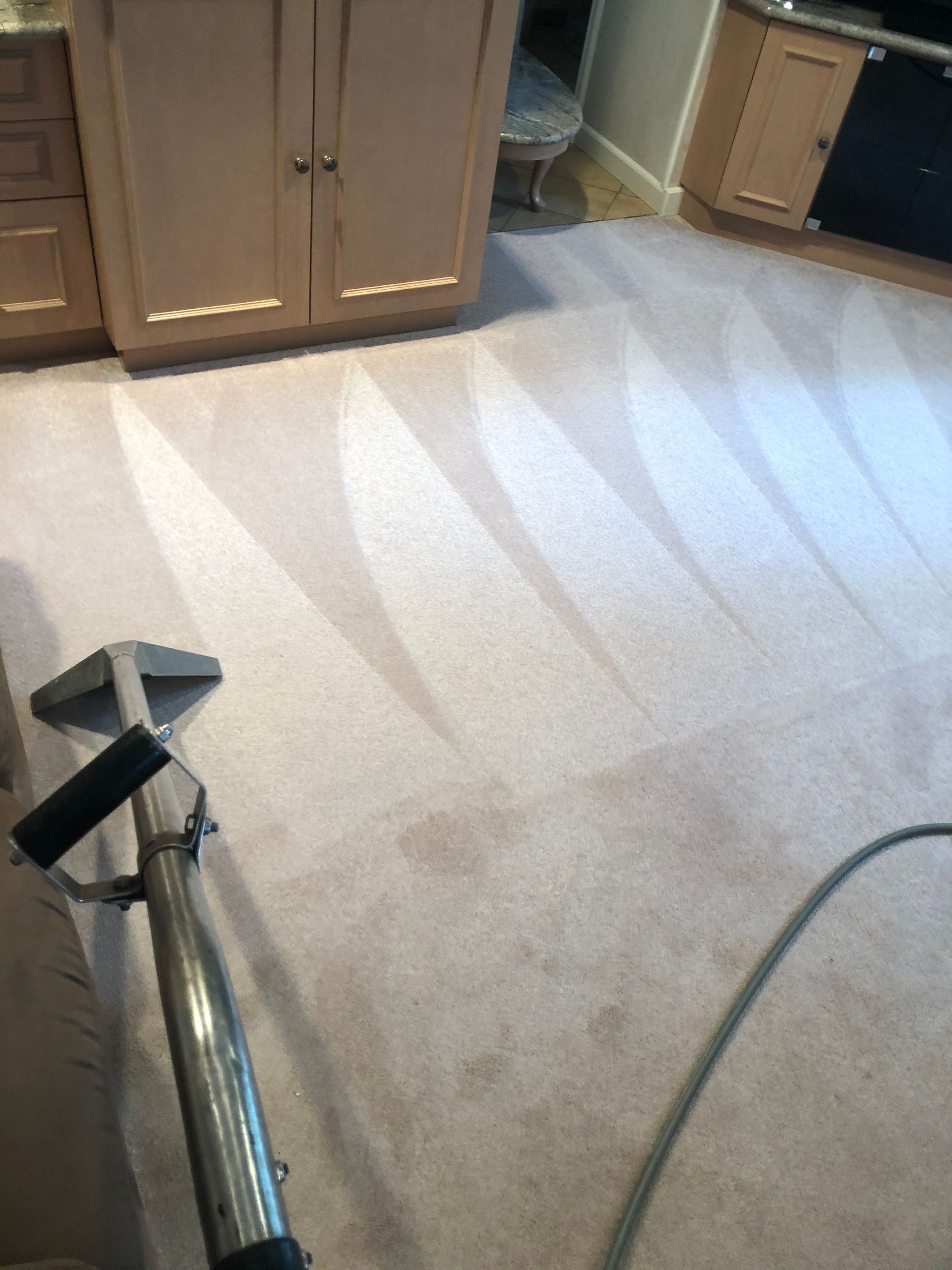 A vacuum cleaner is cleaning a carpet in a kitchen.