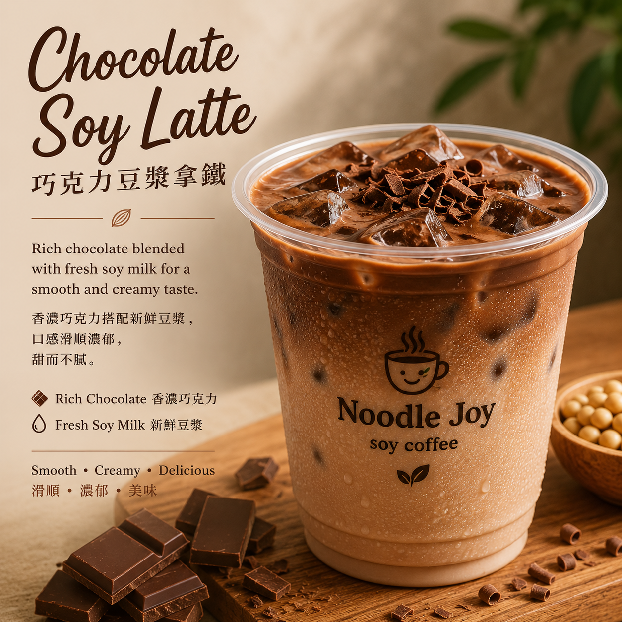 Chocolate soy latte in a clear cup with ice and chocolate shavings, beside chocolate pieces on a warm wooden table