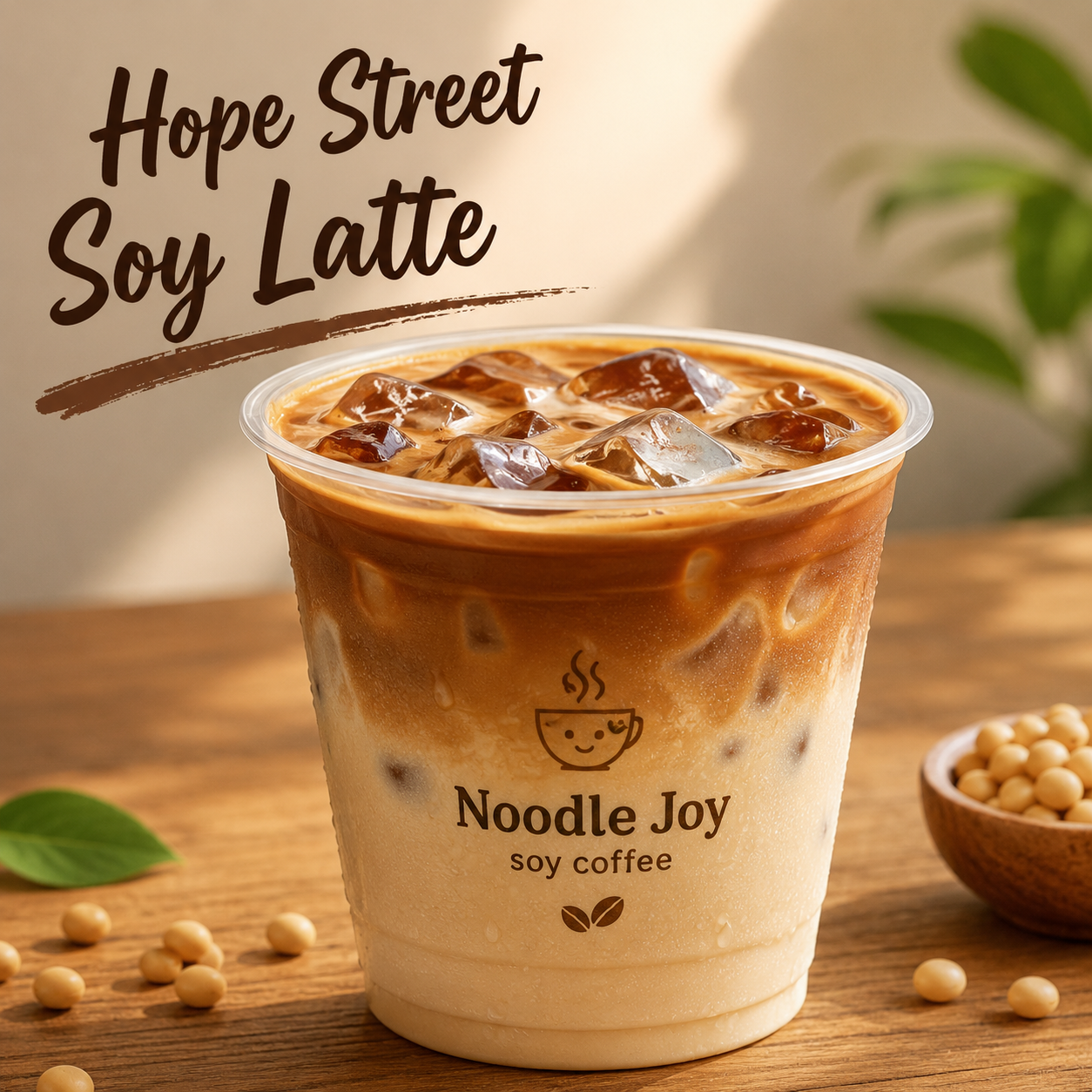 Iced soy latte in a clear cup on a wooden table, labeled “Noodle Joy soy coffee” with “Hope Street Soy Latte” text.