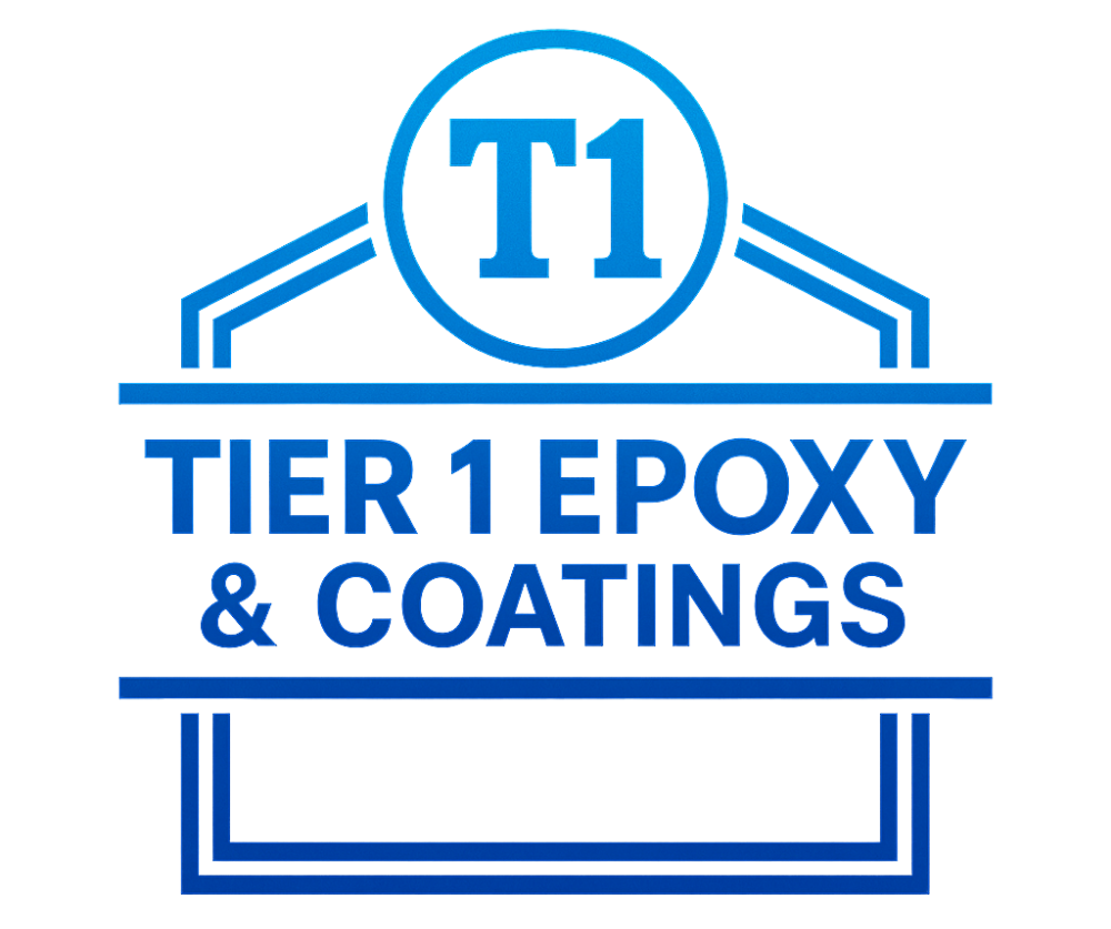 Logo for Tier 1 Epoxy & Coatings, blue and white. Features
