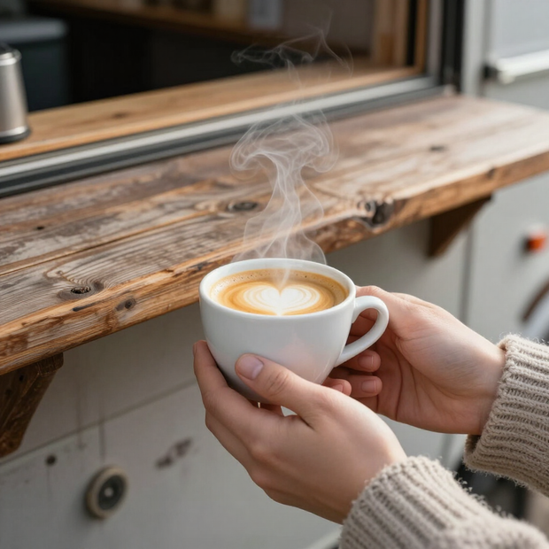 Hands holding a steaming cup of latte by a wooden windowsill