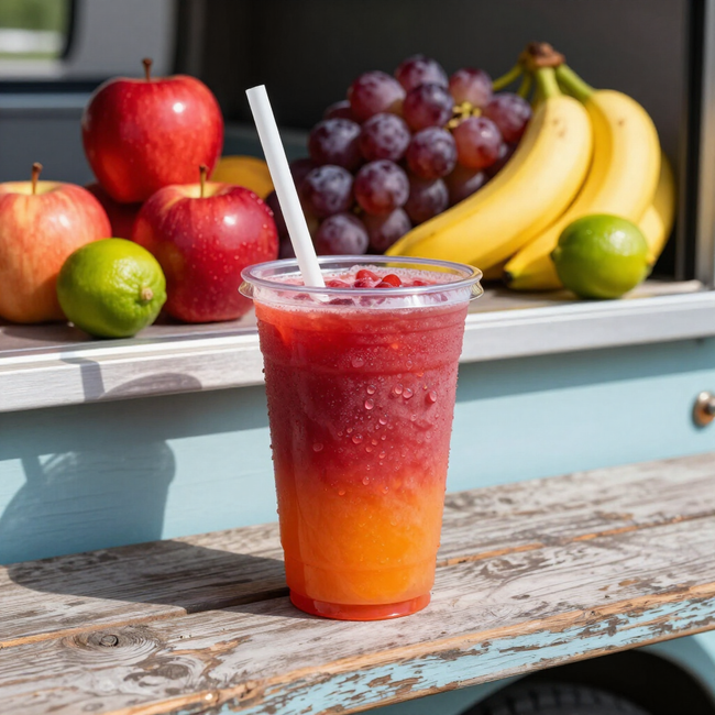 Red fruit smoothie in a clear cup with straw, on a rustic table with apples, bananas, grapes, and a lime.
