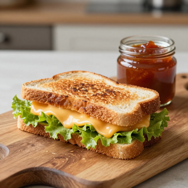 Grilled cheese sandwich with lettuce on a wooden board, with a jar of jam in the background