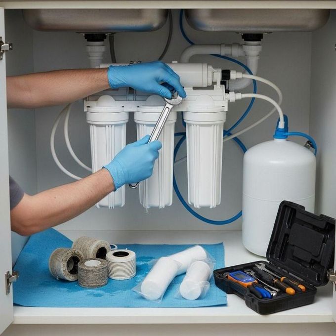 Technician installing under-sink water filter cartridges with tools and spare parts nearby