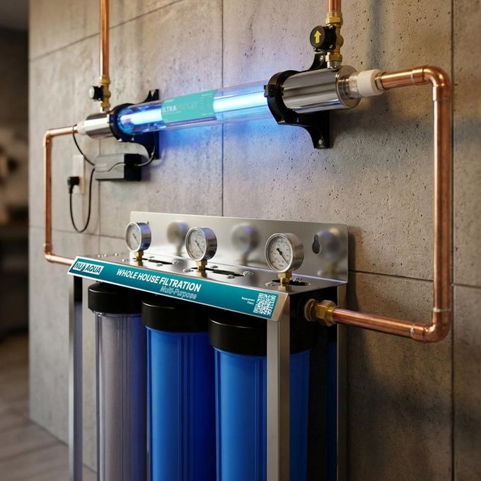 Blue water filtration system with clear UV purification tube and copper piping on a wall