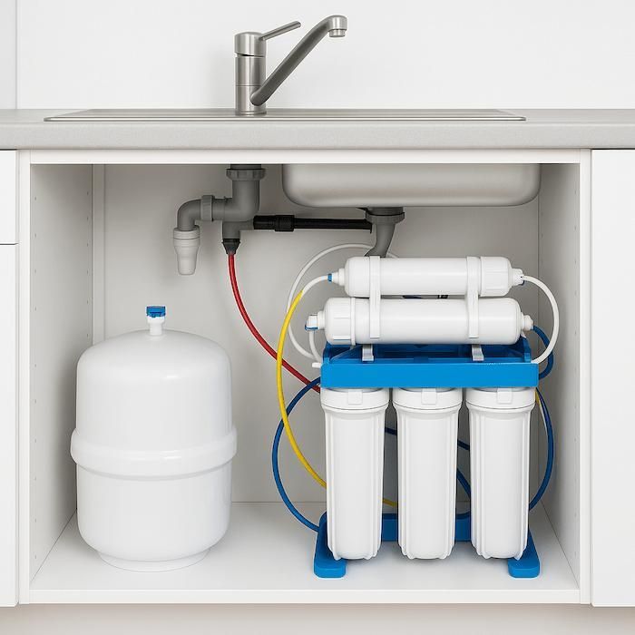 Under-sink water filtration system with white and blue filters, tubing, and a storage tank beneath a faucet