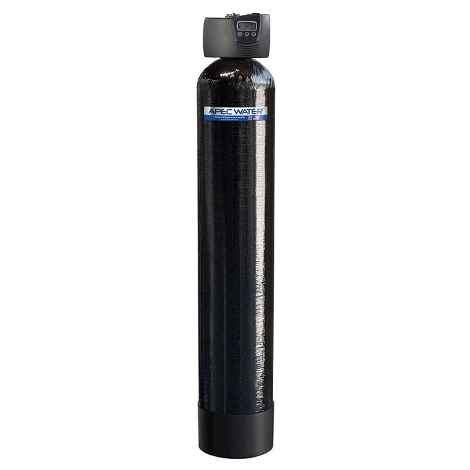 Tall black water softener tank with a control valve on top, isolated on a white background
