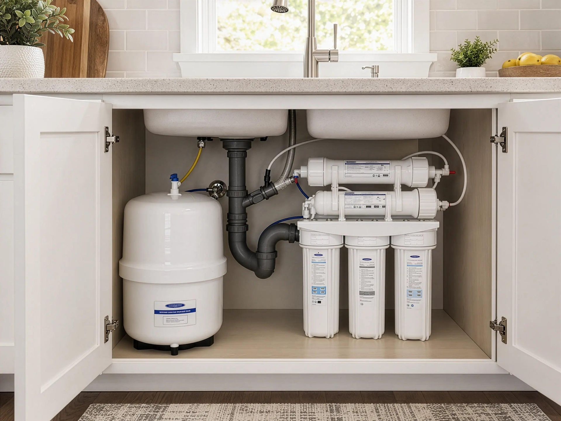 Under-sink water filtration system with white tanks and filters inside a kitchen cabinet