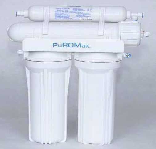 White water filter unit with two large canisters and a horizontal cartridge on top, labeled PuROMax