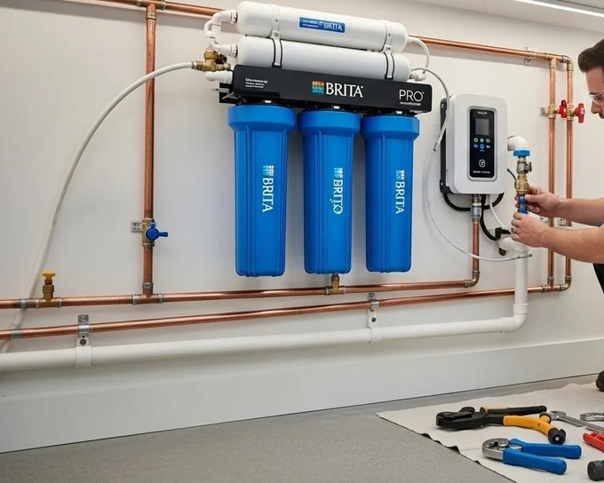 Wall-mounted water filtration system with blue filters and a person adjusting the control panel.