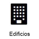 Un icono en blanco y negro de un edificio con la palabra edificios debajo.