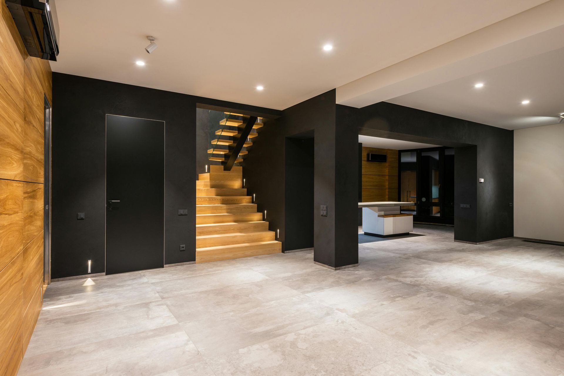 There is a staircase in the middle of the room.