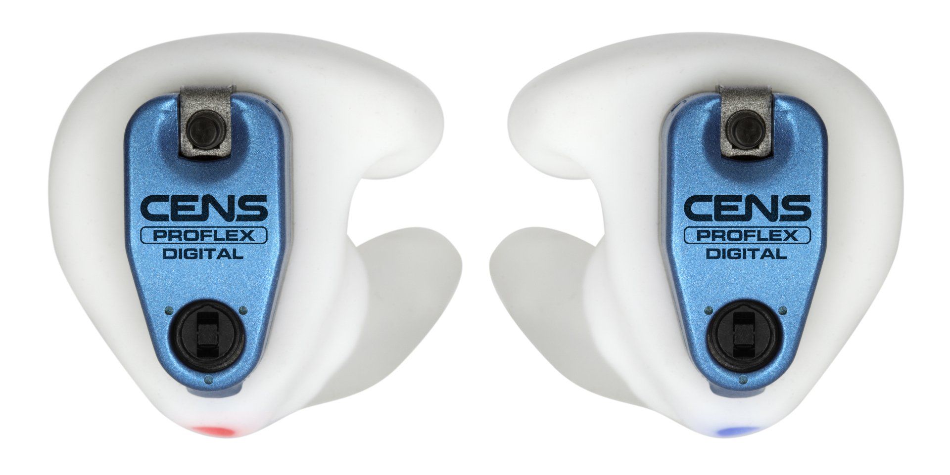 Two white earplugs with blue and metal detailing. The left has a red mark, the right has a blue mark.