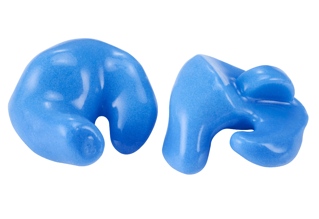 Two blue earplugs; custom-molded to fit ear.