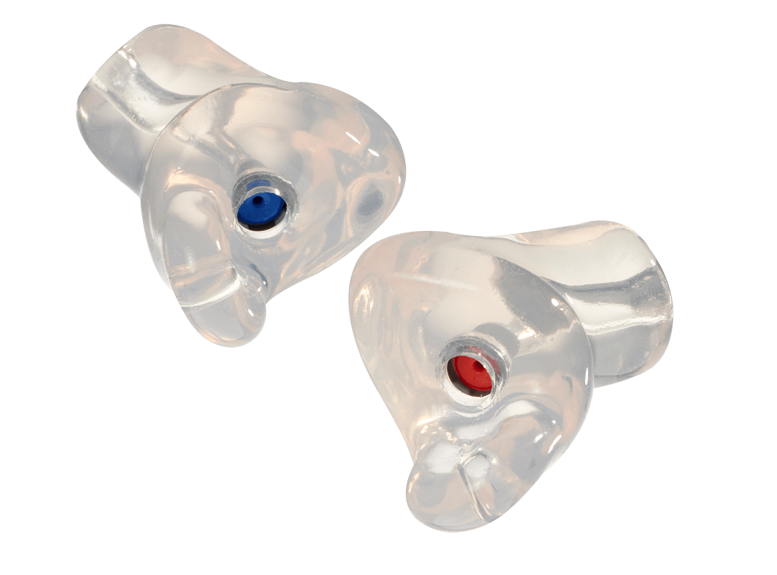Two clear, custom-molded earplugs with colored filters (blue and red).