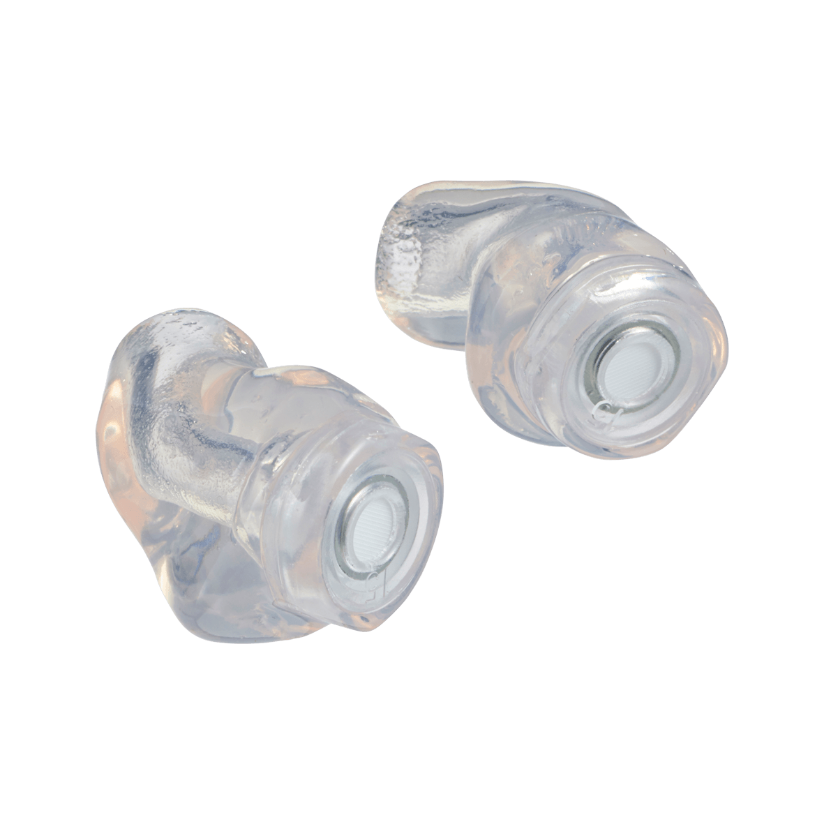 Two clear, angled earplugs with metal filters.
