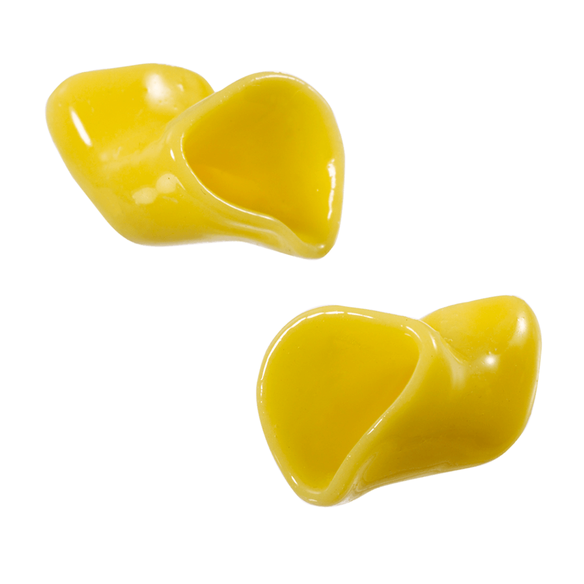 Two yellow, shell-shaped pasta pieces, isolated on white.
