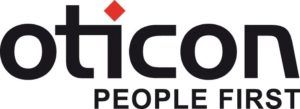 Oticon logo: Black text with a red diamond, reads 