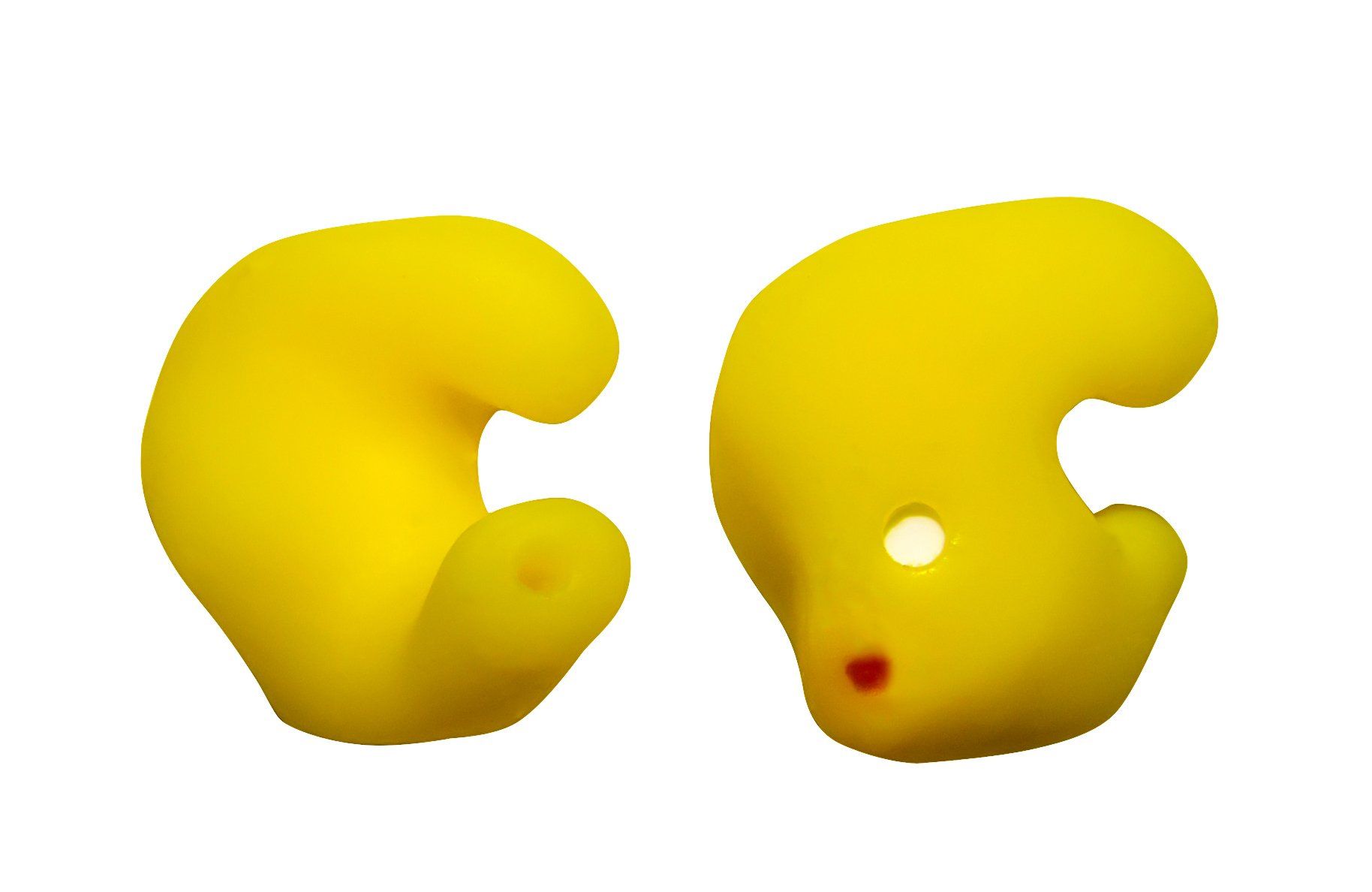 Two yellow earplugs, molded for the ears, with small holes and red dots.