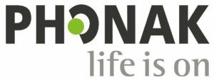 Phonak logo with dark gray text and a green circle in the