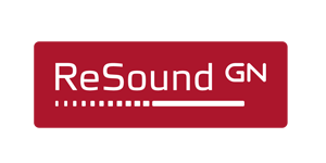 ReSound GN logo: White text on a red rectangular background. Contains the company name and a progress bar.
