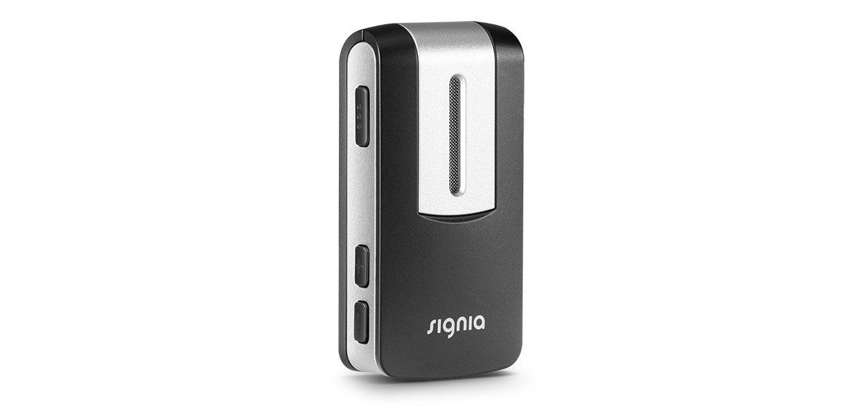 Black and silver Signia hearing aid charger with a clip.