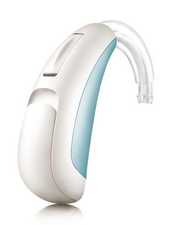 White and blue behind-the-ear hearing aid with clear tubing.